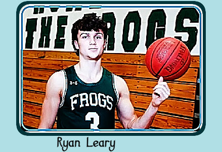 Ryan Leary, Carle Place High School FFFrogs basketball player on Long Island, shown in his dark green frogs uniform, #3, twirling basketball with left thumb.