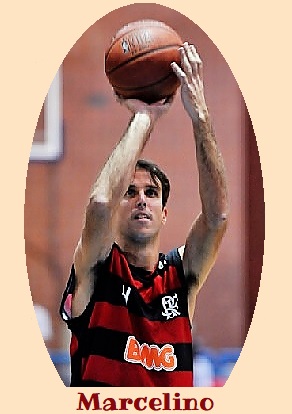 Marcelhino, Flamengo basketball star in Brazil's NBB CAIXA basketball league in red and black horizontally colored uniform shooting a shot.