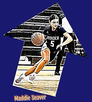 Shown is Maddie Seaver, basketball player on the Zimmerman Thunder high school team in Minnesota, number 5, zipping up the court with the ball.