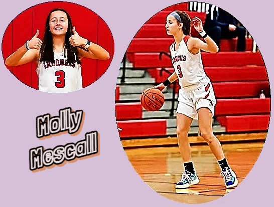 Two photos of Molly Mescall, New York tate ballplayer for the Iroquois High School basketball team. Show with both thumbs up in #3 uniform, and giving an in game signal for a play.