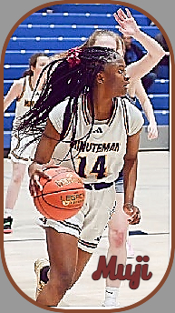 We see Muji Vader, Minuteman Regional High school, Massachusetts, #14, bringing the basketball upcourt in her #14 MINUTEMAN uniform.