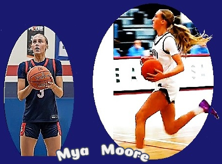Mya Moor, Minnesotian girls basketball player on the Orono High School Spartans, number 3, shooting a free throw, and running up and about to shoot.