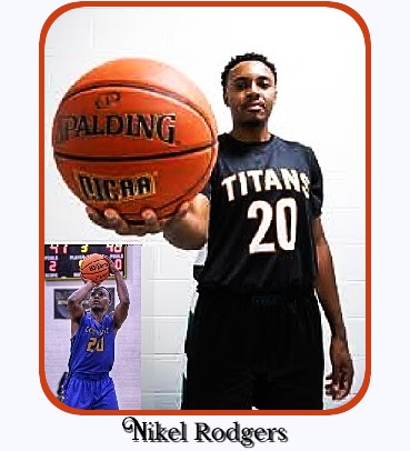 Photos of Nikel Rodgers, basketbal player for Guilford ztechnical ommunity College,Number 20, holding ball towards us with right hand., and in blue uniform taking a shot.