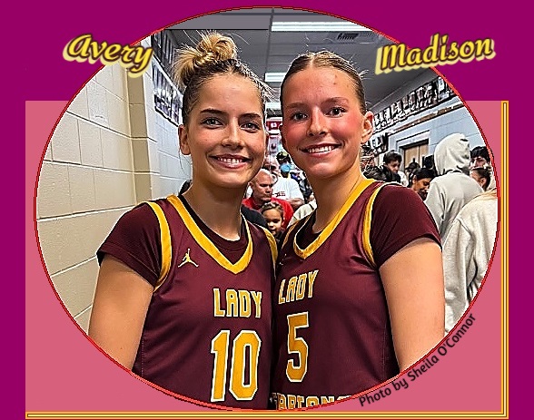 The O'Connor Sisters, Avery, #10, on the left, Madison, #5, on the right, in red and yellw LADY SPARTANS uniforms, for Baker High School in Montana.