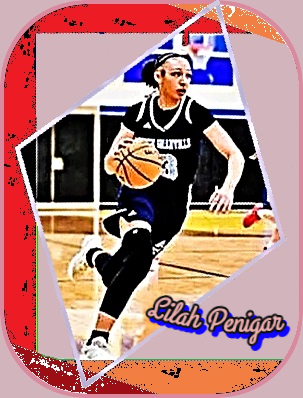 Imge of Lilah Penigar, member of the South Graville High School in North Carolina. Shown in a black uniform, number three, bringin the basketball upcourt.