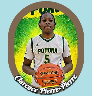 Clarence Pierre-Pierre in POMONA #5 jersey, standing with basketball for the Pomona Middle School team.