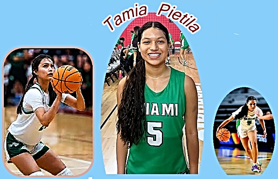 Images of Tamia Pietila, Miami High in Arizona. Shooting a free throw, driving upcourt with basketball and posing in her green #5 jersey.
