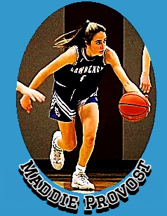 Massie Provost, Lawrence High in Maine running upcourt dribbling basketball in her black #1 uniform.