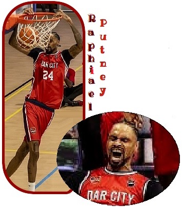 Raphiael Putney, Dar City (Tanzania) team in the Basketball Africa team, in red #24 uniform, stuffing a ball into the basket and exalting after a good play.