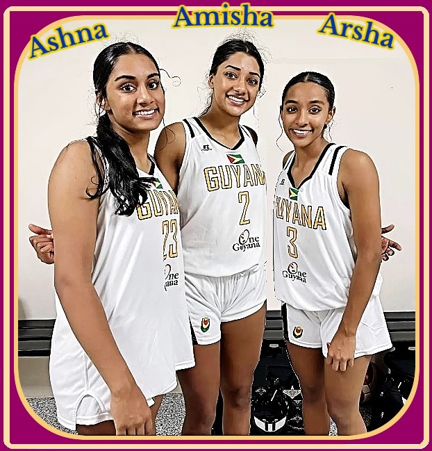 The Ramlall sisters of Guyana basketball women's National basketball team, Ashna (#23), Amisha (#2) and Arsha (#13). Amisha and Arshia are twins.