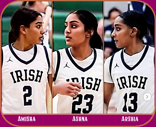 The Ramlall sisters of Rosemount High School Irish basketball girls basketball team, Amisha (#2), Ashna (#23) and Arshie (#13). Amisha and Arshia are twins.