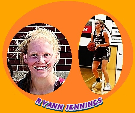 Two images of Ms. Ryann Jennings, star basketball player on Pennsylvania's Conestoga High School irl basketball team. A smiling portrait and a game shot of her about to shoot the ball, her long braided pony tail flying behind.