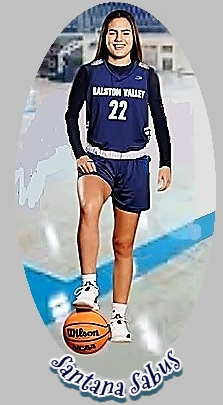Santana Sabus, Ralston Valley High chool girls basketball player in blue #22 uniform, white belt, right foot resting on a basketbal.