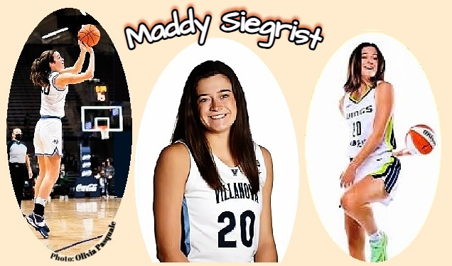 Three images of Maddy Segrist, Villanova women's basketball player, #20, shown in portrait, torso up, shown shooting a jump shot, side view, photo from The Villanovan, Nov. 7, 2022. Photo by Olivia pasquale. nd in a posed shot throwing the ball behind her back right handed, left knee up.