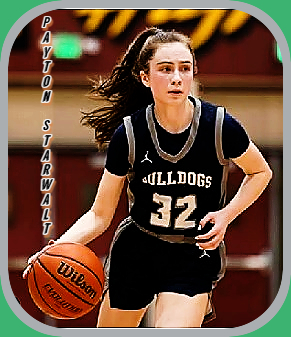 Payton Starwalt, high school woman basketball plxyer, West Albany High, Oregon, driving to basket in BULLDOGS jersey #32,