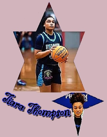 Two images of North Carolinian girls basketball player, Tiara Thomson, West Rowan High Schol in 2026. Shown about to throw up a free throw in her FALCON uniform and a portrait, big bun atop and all.