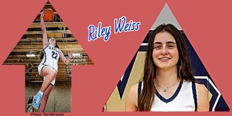 Two photos of Riley Weiss, North Broward High in Florida, #22 in EAGLES white uniform #22 high up in air putting basketball in the basket, right knee bent (photo by zTim Miranda). And a portrait.
