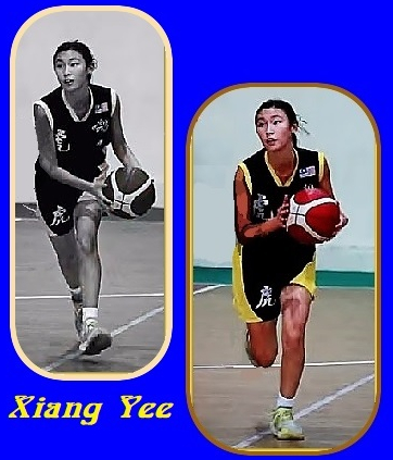 Two stills of Xiang Yee bringing the basketball  to the basket,.