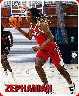 Zephaniah Boakye, a U16 player on the Brixton Topcats U16 boys basketball team in the London Conference III. Shown  in red uni taking the ball upcourt.