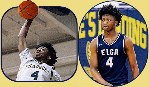 Two views of A.J. Williams, boy basketball star at the Eagles Landing Christian Academy. Shown in white CHARGERS #4 uniform about to stuff the ball in the basket, and looking on in his blue ELCA jersey.
