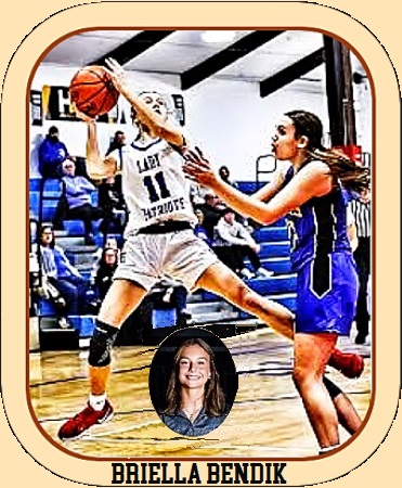 Image of Ohio girl basketball player Briella Bendik, Open Door Christian High School, up in the air shooting a jump shot in her white #11 LADY PATRIOTS uniform. And a portrait