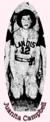 Cropped from team photo in the Salisbury Evening Post, Salisbury, N.C., February 18, 1956, of Juamita Campbell, Landis High School, North Carolina girls basketball player, #12, siting on knees.