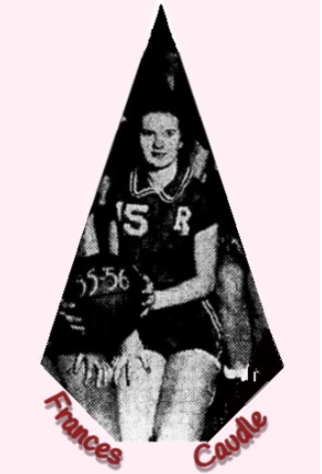 Cropped from team photo, Frances Caudle, #15, Richfield High School, North CArolina, seated with basketball.. From Stanly News and Press, Albermarle, N.C., MArch 6, 1956. Staff photo by Ivey.