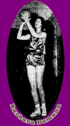 Barbara Domannm Auxvasse High School Tigerette basketball player at Auxvasse High School in Missouri in 1963. From the Fulton Daily Sun-Gazette, Fulton, Missouri, February 19, 1963. Shown pracicing her two habded set-shot.