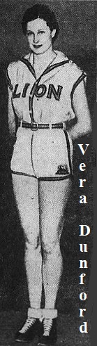 Vera Dunford, woman's basketballer on the El Dorado Lion Oilers, shown standing, hands behind her in her LION uniform.From The San Antonio Light, San Antonio, Texas, October 5, 1936.