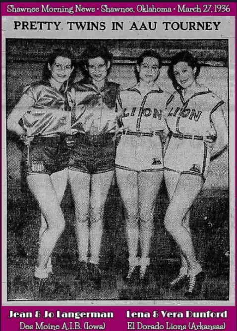 Image of twins Jean & Jo Langerman, Des Moines A.I.B. and Lena and Vera Dunford, El Dorado Lions of Arkansas, before the 1936 A.A.U. Championships. Image from the Shawnee Morning News, Shawnee, Oklahoma, March 27, 1936. titled Pretty Twins in AAU Tourney.