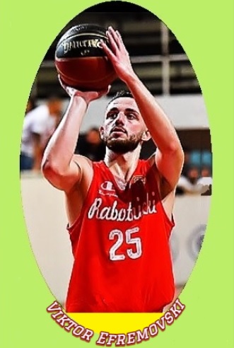 Viktor Efremovski, North Macedonia Super League basketball player for KK Rabotnicki, shooting a free throw in his red, scripted Rabotnicki #25 jersey.