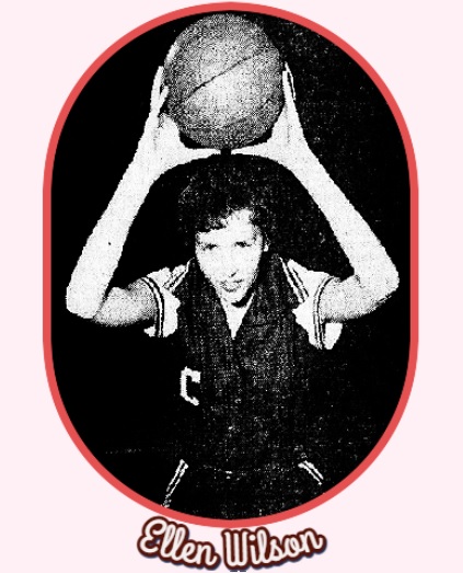 Image of Ellen Wilson, girl basketball player in 1957 for Granite Quarry High School in North Carolina, shown from above putting a ball up into the basket with two hands. From the Salisbury Sunday Post, Salisbury-Spencer-East Spencer, M.C. January 26, 1958.