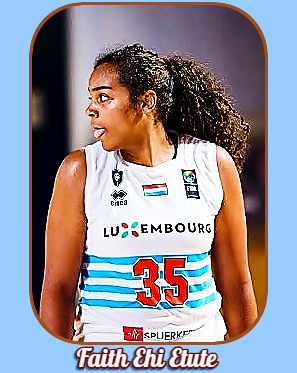 Faith Ehi Etute, U18 girls basketball player for Luxembourg, number 35, in white uniform with four horizontal blue stripes and numeral in red, looking to her right during a game.