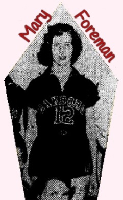 Image cropped from team photo of Mary Foreman, standing in uniform number 12, girls basketball player for Oakboro High School in North Carolina. Staff photo by Ivey, in the Stanly News and Press, Albermarle, N.C., March 6, 1956. Judy Whitley's head is sen at botom.