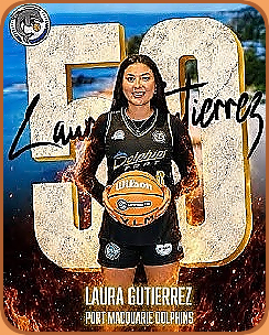 Laura Gutierrez, Port Macquare Dolphins women's basketball player in the Waratah Senior A League in New South Wales, shown  holding basketball, image on top of her signature and a big 50.