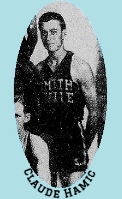 Basketball player Claude Hamic, Smith-White Druggist team in the Beaumont City League in Texas in 1929. Cropped from team photo. Also partially viewed is ___ Plake, sitting.  From The Sunday Enterprise, Beaumont, Texas, March 31, 1929.