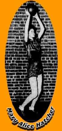 Georgian girl basketball player Mary Alice Hatcher, Colquitt High School shown posing in front of brick wall, throwing a two handed overhand pass. Drinnon photo from The Maco Telegraph, Macon, Georgiam March 19, 1945.