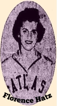 Image of Mrs. Florence Hatz, women's basketball player on the Wilmington Women's (Girls) Industrial Basketball Leafue, in her ATLAS uniform, clipped from team photo from the Journal-Every Evening, Wilmington, Delaare, March 20, 1957.