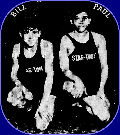 Picture of the Hausman Brothers, Buder Community Center, St. Louis, Missori, cropped  from team photo, uniforms say STAR-TIMES.  Sitting, left knees on ground, Bill on our left, Paul on the right. From the St. LouisvStar-Times, March 19, 1935.