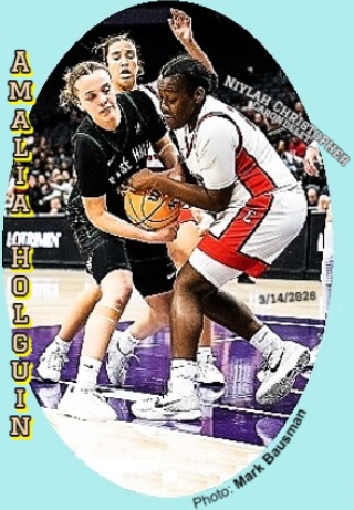 Amalia Holguin, Sage Hill High battling Carondelet High's Niylah Christopher for the basketball in California Division I Girls championship game, won by Carondelet on 3/14/2026 51-48. Photo by Mark Bausman.