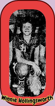 Cropped from team photo by Erie Johnston, Forest Hills High School Rebelette, Winnie  Fay /hollingsworth, basketball star, left knee on ground, right arm resting on right knee. From The Clarion-Ledger, Jackson, Mississippi, March 6, 1957.