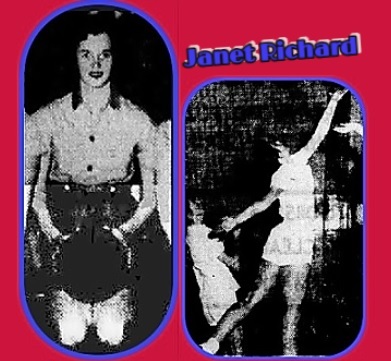 Janet richard, woman's basketball player for the College Notre Dame d'Acadie of Moncton, New Brunswick. Seatec on her knees, cropped from team photo From the Moncton Transcript, April 1, 1957, Moncton, N.B., Canada. Plus action shot shooting right handed jumper From same newspaper, March 29, 1957. Photos by Bourgeois.