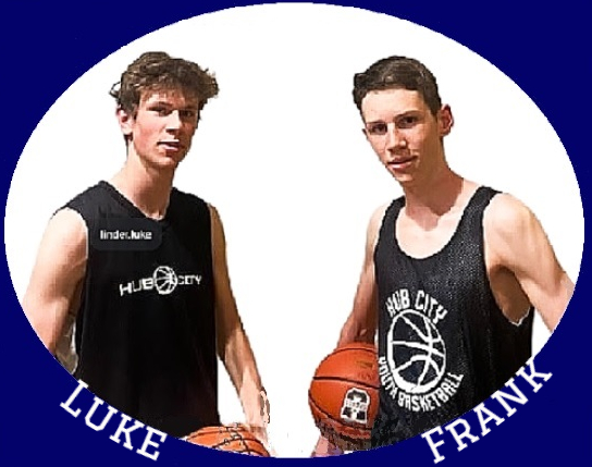Image of brother basketball players from British Columbia. Luke (on left) and Frank (on right) Linder, Dover Bay Secondary School Dolphins of Nanaimo, pictured in their Hub City Youth Basketball shirts from summer after school in 2023 at Summers Camp in the Capital. Both holding basketballs.