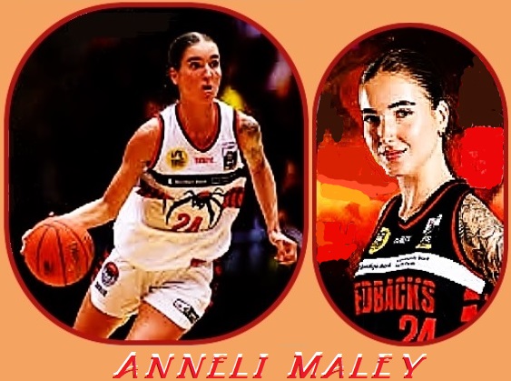 Anneli Maley, women's basketball player on the Perth Redbacks of Australia's NBL1 West league, shown with basketball in white #24 jersy with image of redback spider on front, and sideview portrait in red uniform.