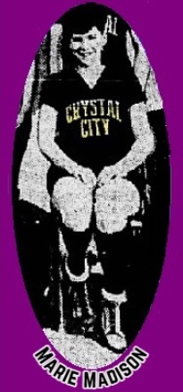 Marie Madison, girl basketball player for Crystal City High, Missouri, The Kansas City Times (The Morning Kansas City Star), February 6, 1928. Cropped from team photo. Seated.