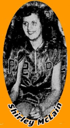 Cropped from team photo, Shirley McClain, sitting looking to her right in satiny uniform, #2 with a big 'P'  From The Macon Telegraph and News, Macon, GeorgiaFebruary 27, 1955.