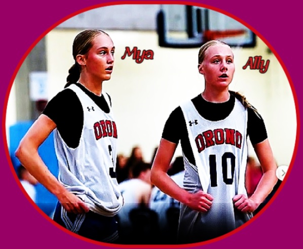 The Moore Sisters, Mya, #3, on the left, Ally, #10, on the right, in white and red ORONO uniforms, for Orono High School in Minnesota.