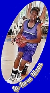 La-Torae Nixon, Cayman Islands U16 girls basketball player, in blue uniform, shown rnning upcourt.