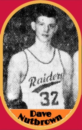 Dave Nutbrown, University of New Brunswick basketball player, 1967-68, posing in scripted Raiders uniform number 32, cropped from team photo. The Telegraph-Journal, Saint John, New Brunswick, February 4, 1966.