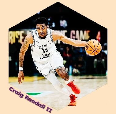 Craig Randall II,  Rwandan basketball player, in white #12 RSSB Tigers uniform bringing the ball upcourt.